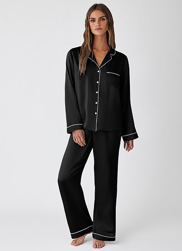 front Black 100% Washable silk Long Sleeve Pajama Set
