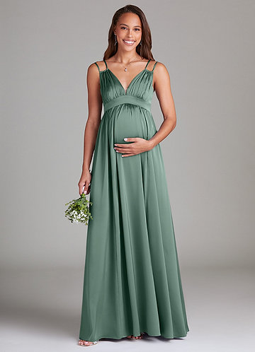 Azazie Emree Maternity Bridesmaid Dresses Vestir Linha A com bolsos Comprimento do chão Cetim elástico image1