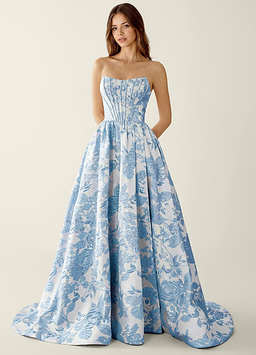 Allegra Blue Floral Jacquard Wrap A-line Prom Dress image1