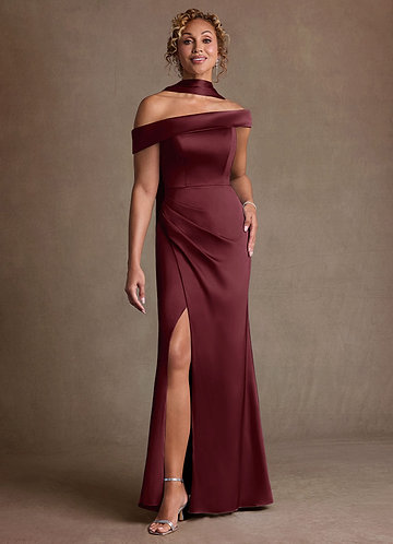 Azazie Kamala Mother of the Bride Dresses Vestido Cabernet de Cetim elástico de Bainha com Um ombro image1