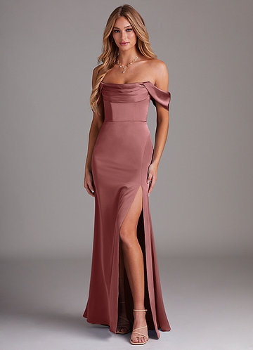 Azazie Saige Bridesmaid Dresses Amethyst Sheath Off the Shoulder Stretch Satin Dress image1