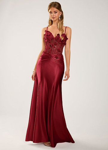 Elarow Bourgogne Robe de bal en satin corset ornée de perles florales 3D image1