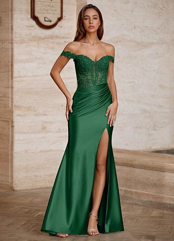 Wrentino Dark Green Embroidered Appliqué Satin Prom Dress image1