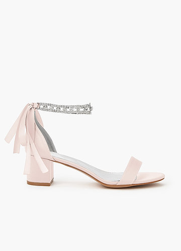 front Matching Color Matte Satin Rhinestone Strap Block Heel Sandals
