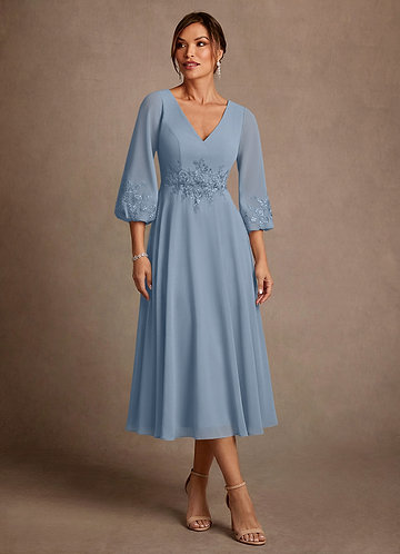 Azazie Ana Mother of the Bride Dresses Vestido Azul Empoeirado de Chiffon de Linha A com Renda image1