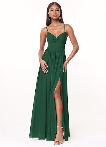 Azazie Zeya Bridesmaid Dresses Dark Green A-Line V-Neck Pleated Chiffon Dress image1 0