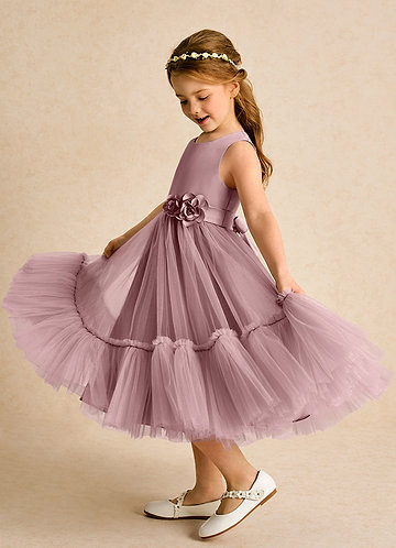 Azazie Miracle Vestidos de Niña de Flores Vestido de Rosa Polvorienta de Satin Mate de Corte En A con Lazo image1