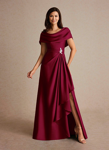 Azazie Branford Mother of the Brides Dresses Burgundy A-Line Pleated Stretch Satin Dress image1