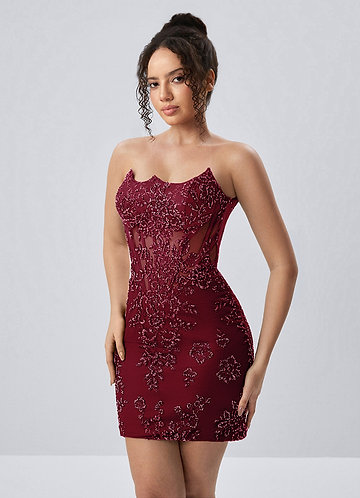 Yafrein Burgundy Rhinestone Sequins Tulle Placement Print Corset Mini Dress image1