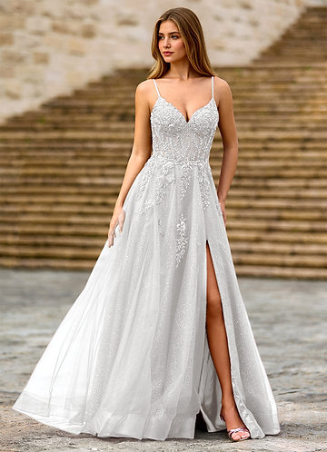 strapless open back dress White Mermaid Sequin Prom Dresses With High Slit V-Neck Evening Dress –  Viniodress main image 1