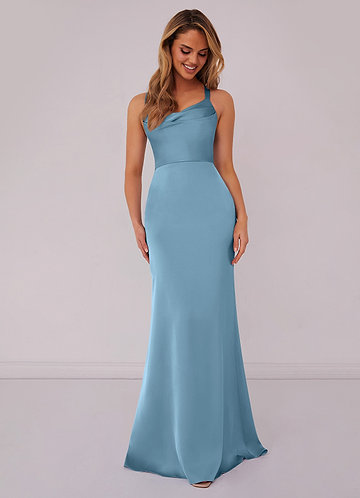 Barbie ♥ Azazie Bridesmaid Dresses Steel Blue Mermaid Pleated Stretch Satin Dress image1