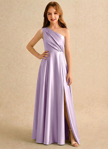 Azazie Puddles Girls Formal Klänningar för brudeflicka Klä A-Line i Stretch Satin Ena axeln image1