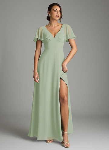 Azazie Kimber Bridesmaid Dresses Dusty Sage A-Line Flounce Sleeve Chiffon Dress image1