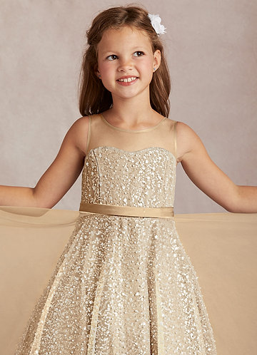Azazie Siwa Flower Girl Dresses Champagne A-Line Beaded Tulle Dress image1