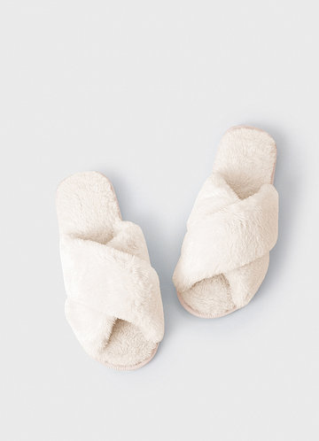 front Matching Color Cross Band Fuzzy Slippers