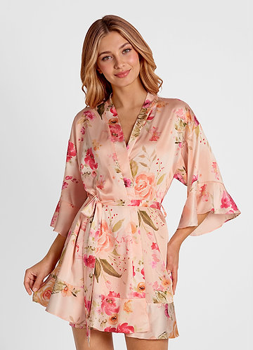 front Abstract Bouquet Floral Ruffled Printed Satin Bathrobe