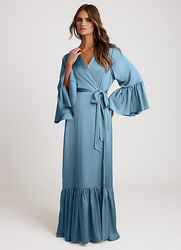 front Steel Blue Long Bridal Ruffle Robe