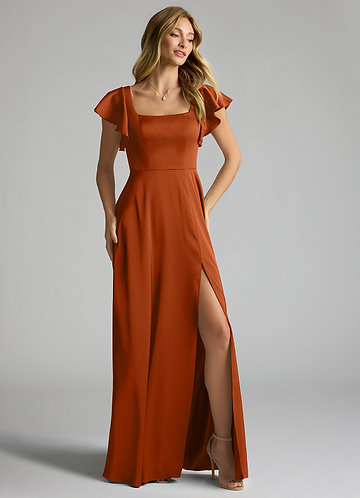 Azazie Bondi Bridesmaid Dresses Burnt Orange A-Line Bow Stretch Satin Dress image1