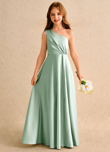 Azazie Puddles Girls Formal Bloemenmeisjes Jurken A-Lijn Jurk van Mat Satijn One-Shoulder Agave image1