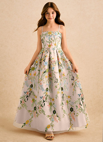 Azazie Lark Girls Formal Kukkaistyttöjen mekot A-linja Pliseerattu Pitsi Lattian pituus Pukeutua image1