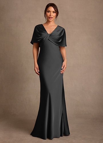 Azazie Dosia Vestidos de Madre de la Novia Vestido de Negro de Satén Elástico de Corte Recto con Plisado image1