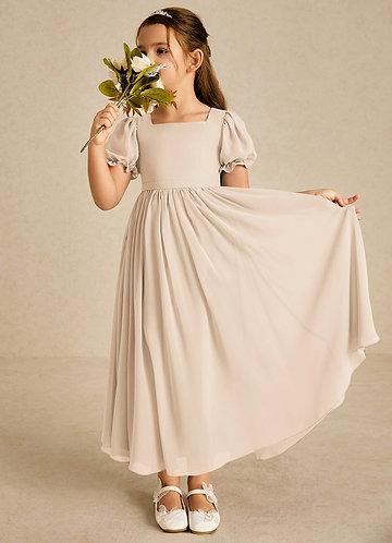 Azazie Joss Flower Girl Dresses White Alabaster A-Line with Sleeves Chiffon Dress image1