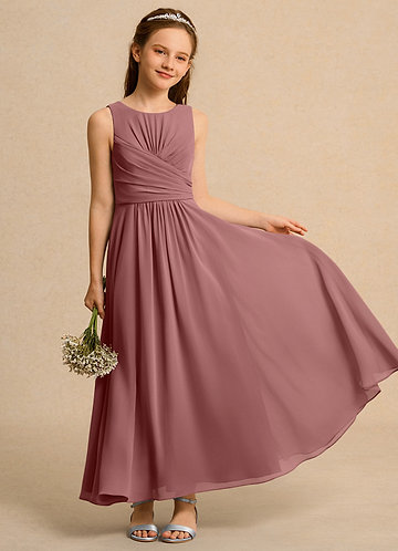 Azazie Ducky Girls Formal Robes de Fillette d'Honneur Robe Trapèze en Mousseline de soie Plissée Rose Du Désert image1