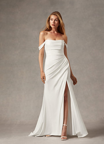 Azazie Moonlight Wedding Dresses Diamond White Mermaid Scoop Pleated Crepe Back Satin Dress image1