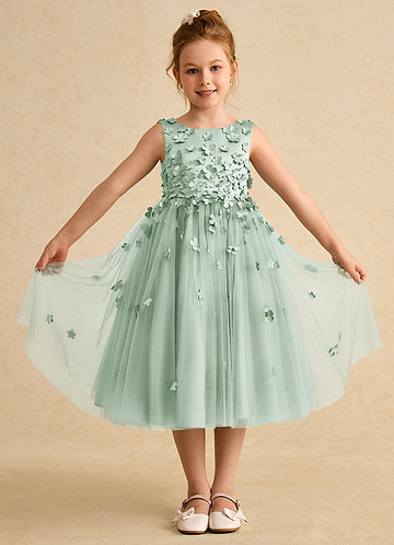 Azazie Lana Flower Girl Dresses Vestido Agave de Cetim fosco de Linha A com Sem mangas image1