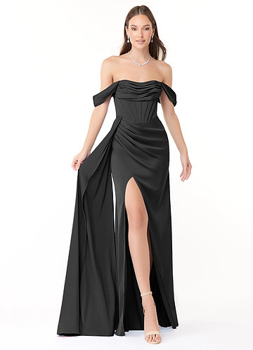 Azazie Amyra Bridesmaid Dresses Black Sheath Off the Shoulder Stretch Satin Convertible Dress image1