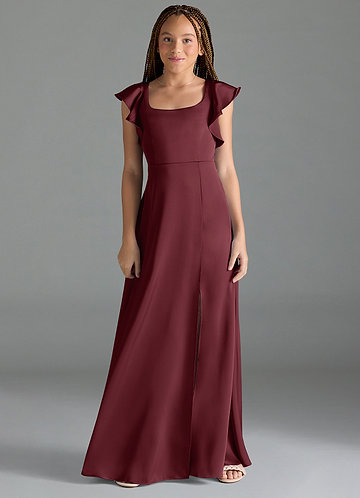 Azazie Bondi Junior Vestido Cabernet de Cetim elástico de Linha A com Fenda Lateral image1