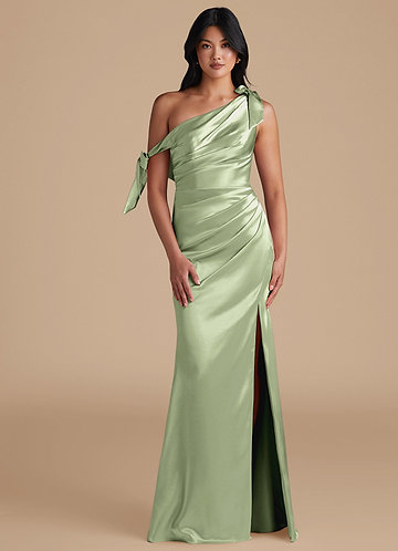 Azazie Xyla Bridesmaid Dresses Dusty Sage Sheath Off the Shoulder Metallic Satin Convertible Dress image1