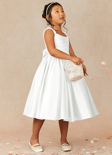 Azazie Cutie Pie Flower Girl Dresses Ivory A-Line Pleated Matte Satin Dress image1