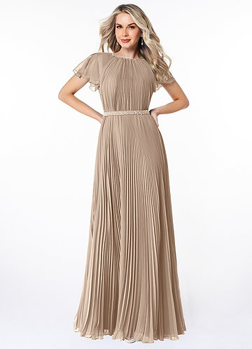 Azazie Kara Modest Bridesmaid Dresses A-Line Pleated Chiffon Floor-Length Dress image1