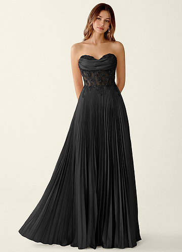 Clementine Zwart Satijnen A-lijn galajurk met vetersluiting op de rug image1