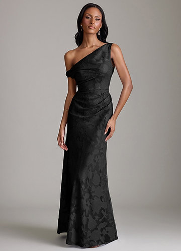 Azazie Emerson Robes Demoiselle d'honneur Robe Sirène en Blumen-Burnout Épaule décolletée Noir image1