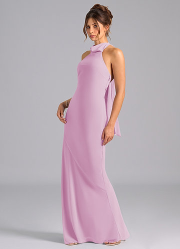 Azazie Velli Vestidos Dama de Honor Vestido de Rosa Caramelo de Gasa de Corte Sirena con Cuello Alto image1