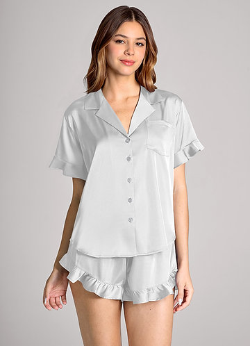 front Matching Color Ruffled Short Sleeve Pajama Set
