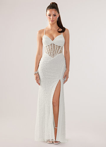 Luciana Blanc Robe de bal sirène à corset orné de perles et laçage au dos image1