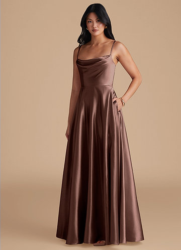 Azazie Elle Bridesmaid Dresses Espresso A-Line with Pockets Metallic Satin Dress image1