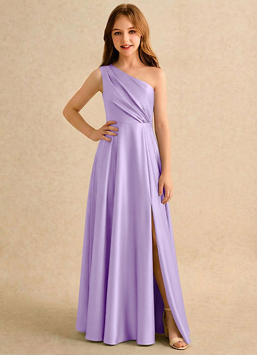 Azazie Puddles Girls Formal Robes de Fillette d'Honneur Robe Trapèze en Satin extensible Une épaule Lilas image1