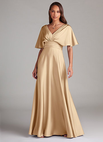 Azazie Pamela Robes Demoiselle d'honneur Robe Trapèze en Satin extensible Plissée Champagne image1