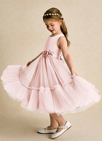 Azazie Miracle Flower Girl Dresses Blushing Pink A-Line Bow Matte Satin Dress image1 0
