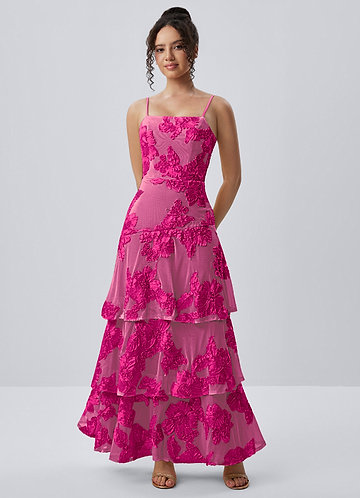 Araceli Fuchsia Stretch maxi-jurk met 3D-bloemen en kant image1