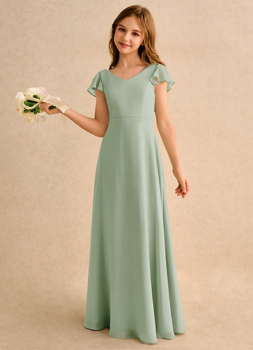 Azazie Nari Girls Formal Flower Girl Dresses Vestido Dusty Sage de Chiffon de Linha A com com mangas image1