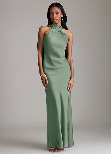 Azazie Cassiana Bruidsmeisjes Jurken Jurk van Stretch Satijn met Zeemeermin Geplooid Matcha image1