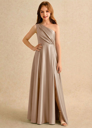 Azazie Puddles Girls Formal Kukkaistyttöjen mekot A-linja Yksi olkapää Joustava satiini Lattian pituus Pukeutua image1