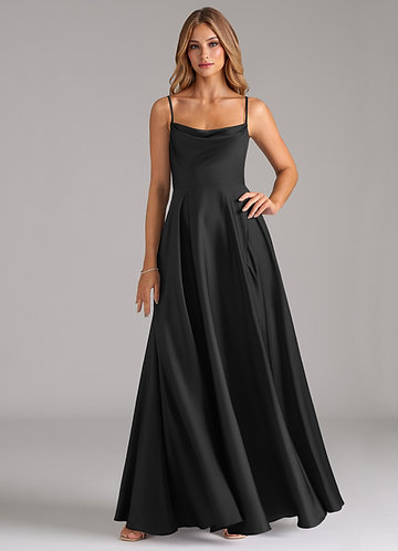 Azazie Elle Bridesmaid Dresses Black A-Line Pleated Stretch Satin Dress image1
