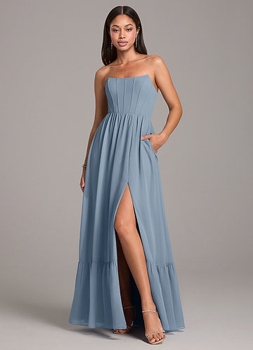 Azazie Kailee Bruidsmeisjes Jurken Jurk van Chiffon met A-Lijn met Zakken Stoffig Blauw image1