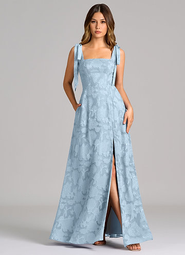 Azazie Debra Bridesmaid Dresses Vestido Céu Azul de Esgotamento Floral de Linha A com com bolsos image1
